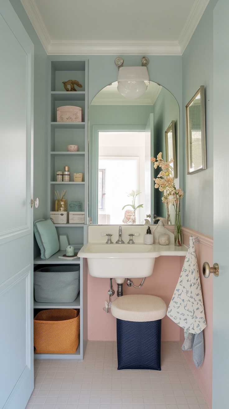 Colorful and organized compact vanity room with pastel tones