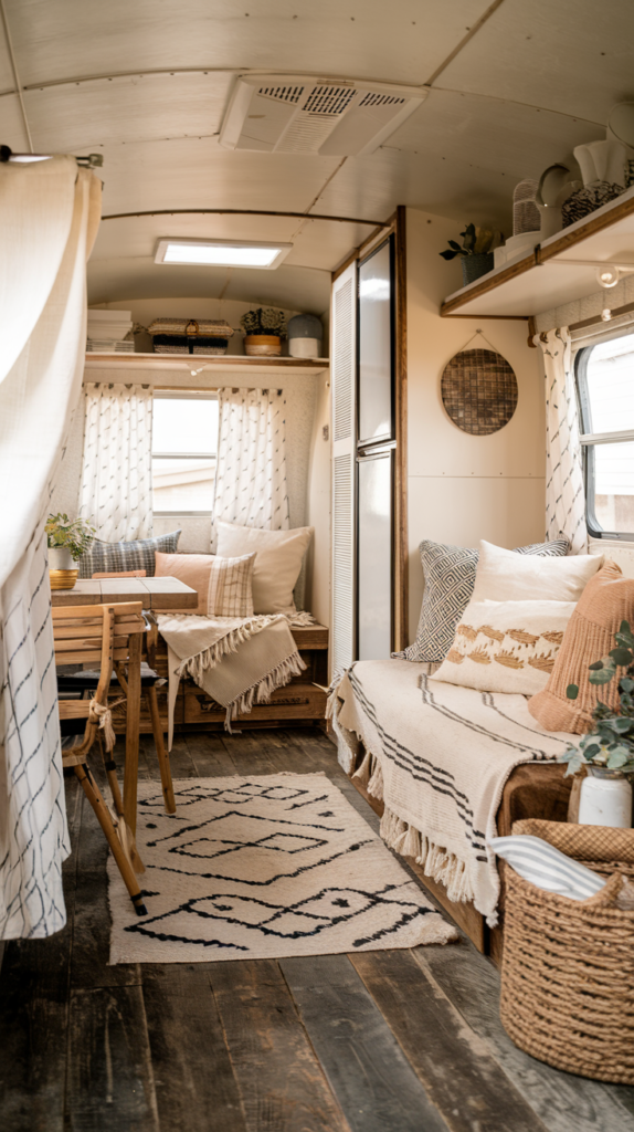 Interior of a small camper farmhouse with rustic wooden flooring and textured surfaces.
