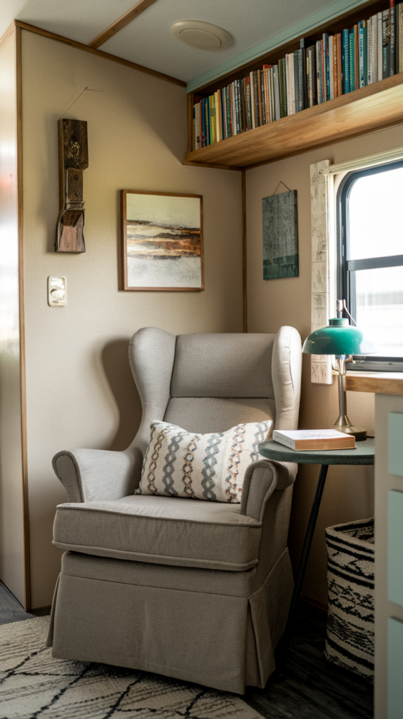 Cozy reading corner in a small camper farmhouse interior with a bookshelf and a comfortable chair.
