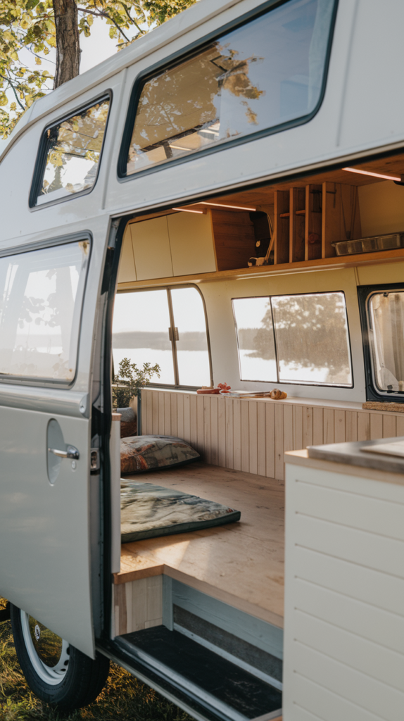 Interior of a small camper farmhouse with large windows allowing natural light to fill the space.