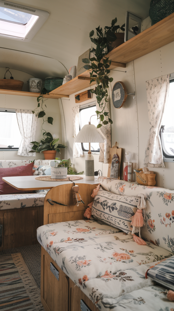 Interior of a small camper with cozy farmhouse decor, featuring floral cushions, wooden shelves, and plants.