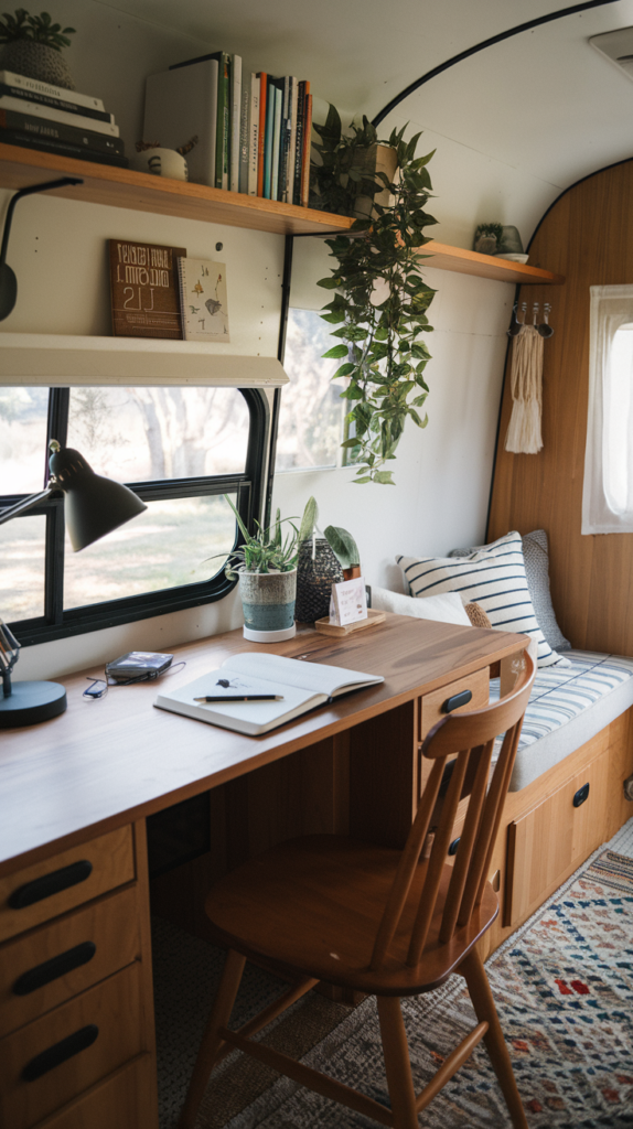 Cozy small camper interior with a functional workstation, featuring a wooden desk, chair, and shelving.
