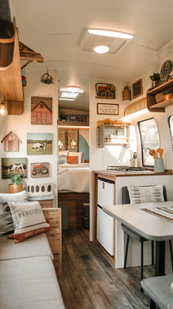 Cozy interior of a small camper farmhouse featuring farm-themed decorative wall art.