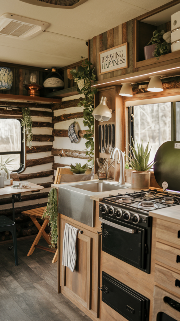 Interior of a small camper kitchen featuring rustic wooden cabinets, a sink, gas stove, and decorative plants.