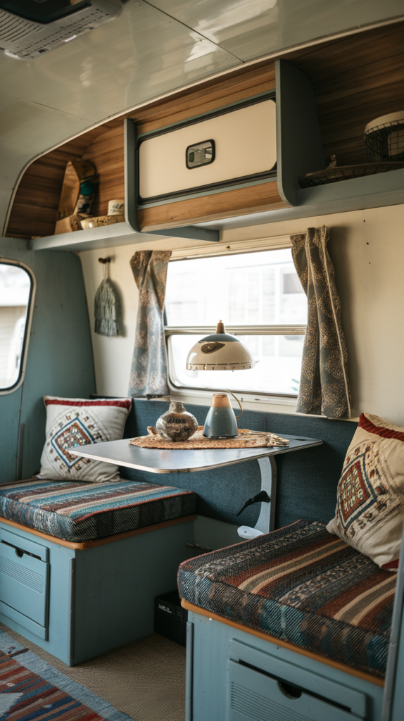 A cozy living area in a small camper with vintage decor, featuring soft lighting, patterned cushions, and a small table.