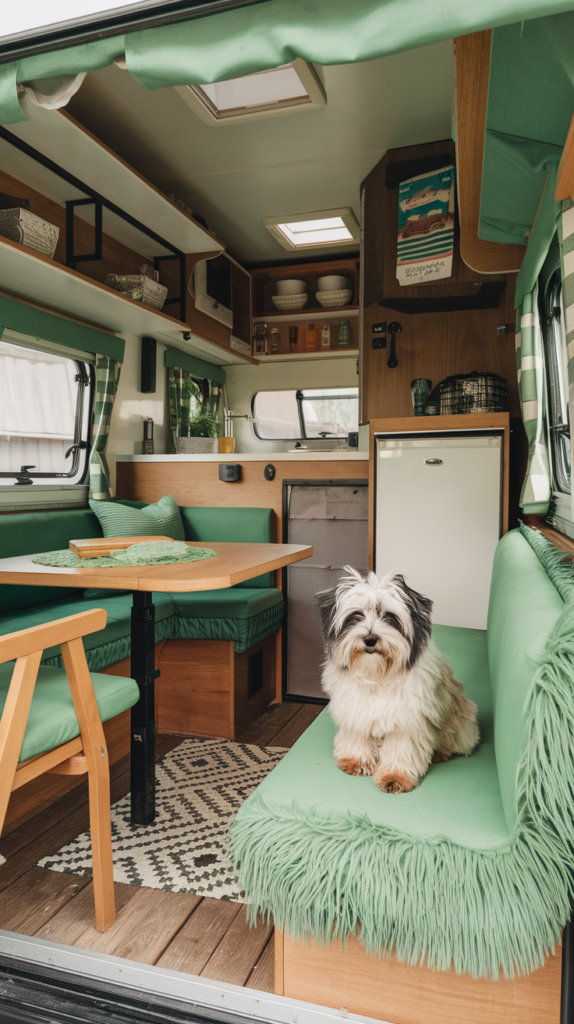 A cozy small camper interior with green cushions, wooden furniture, and a friendly dog.