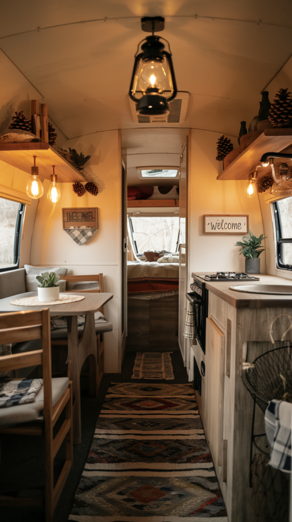 Interior of a small camper with warm lighting and farmhouse style decor