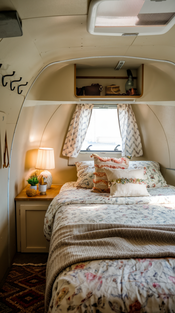 Cozy bedroom in a small camper with floral bedding and decorative pillows