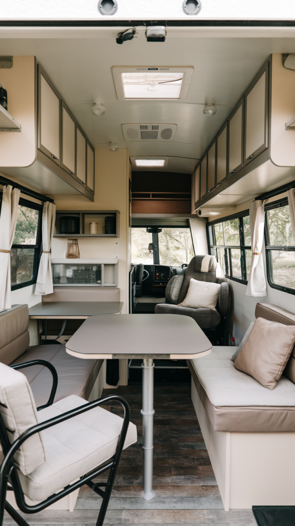 Interior of a small camper with an open floor plan, featuring cozy seating areas, a central table, and large windows.