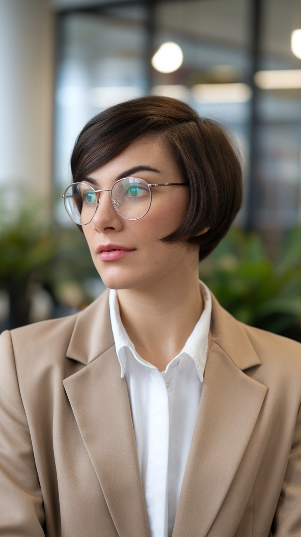 A woman with a short bob hairstyle wearing glasses and a professional outfit, looking confidently in a modern office setting.