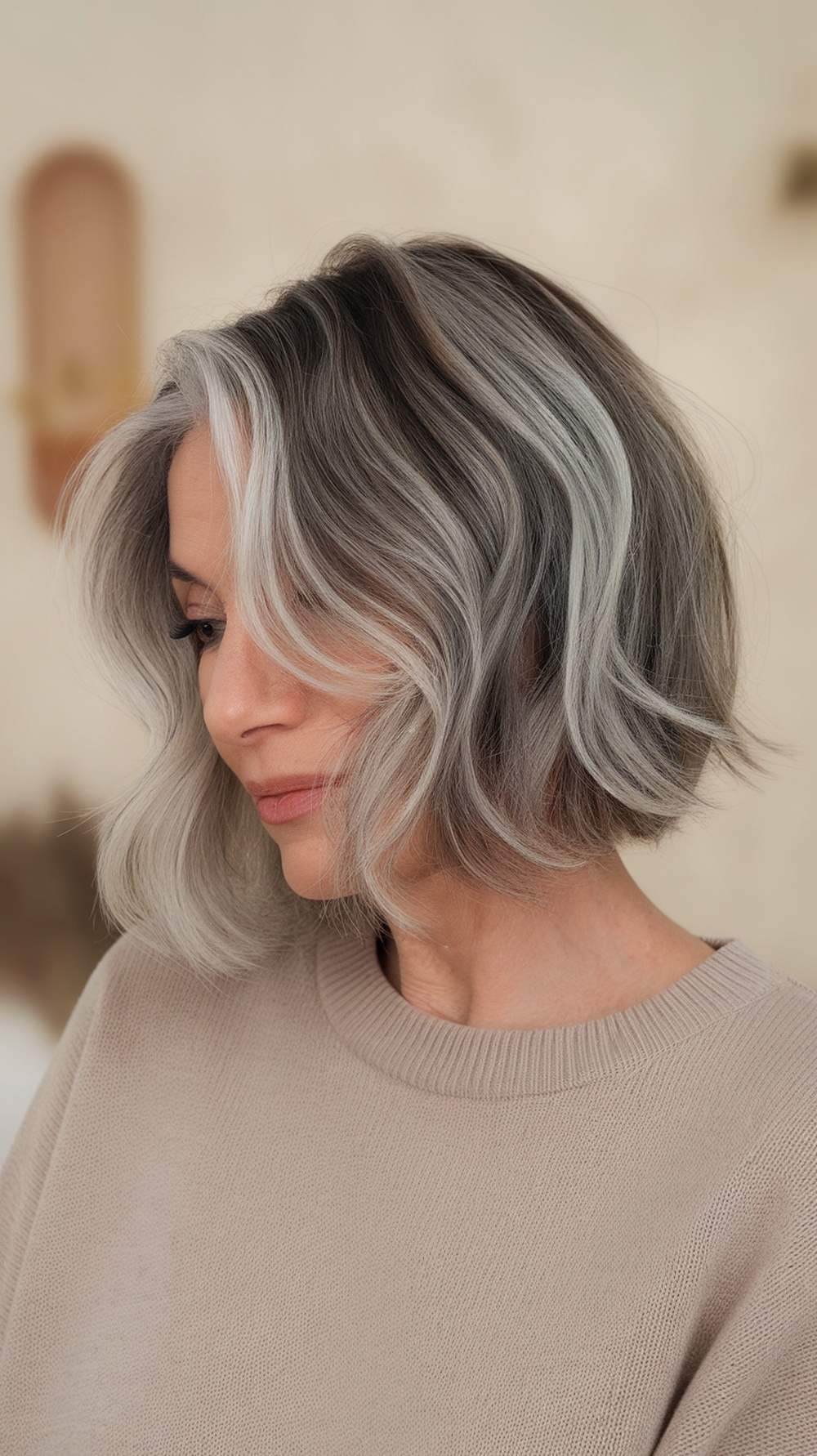 A woman with a chic bob hairstyle featuring soft waves and highlights, wearing a beige sweater.