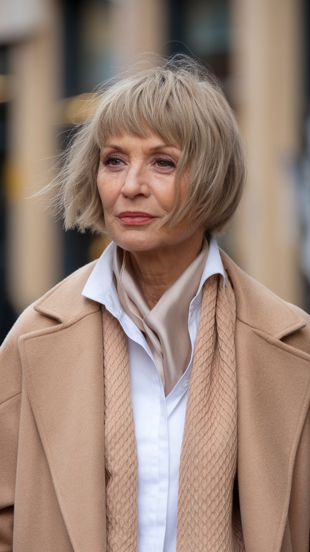 A woman with a choppy bob haircut, wearing a beige coat and a light scarf, exuding a chic and trendy look.