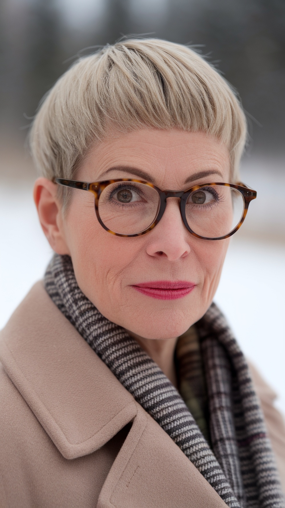 Woman with a classic crew cut, wearing glasses and a stylish coat