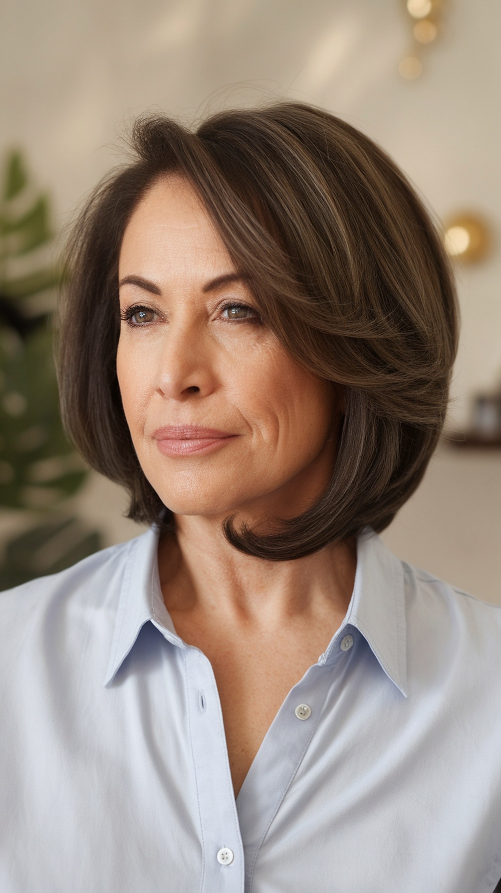 A woman with a classic lob haircut, wearing a light blue shirt, displaying a polished and timeless look.
