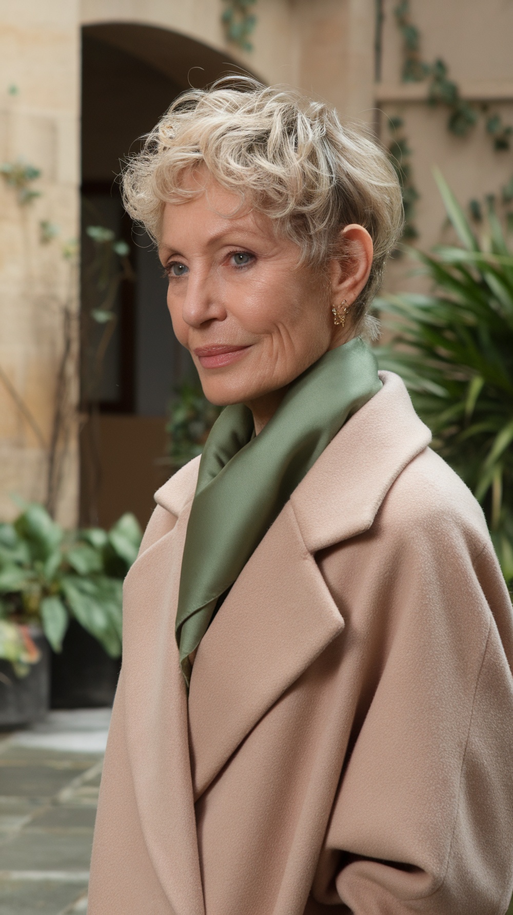 A woman with a contemporary short curly haircut, dressed in a beige coat and a green scarf.