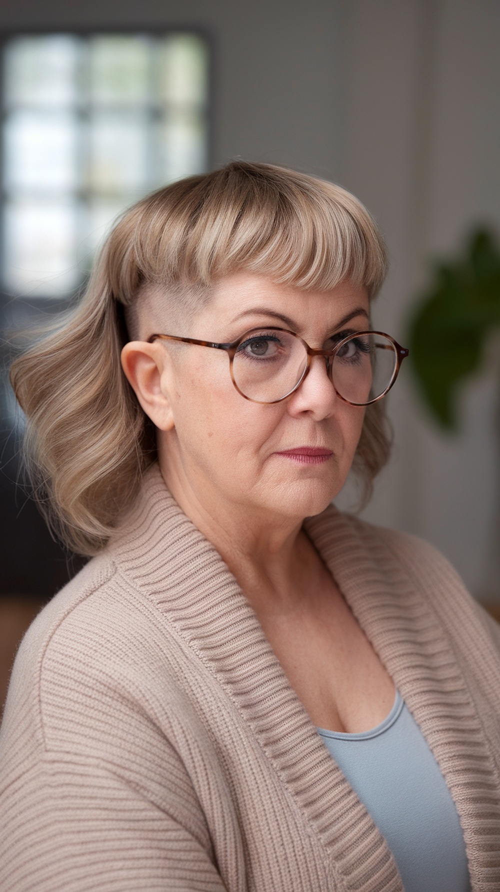 A woman over 50 with an edgy undercut hairstyle, showcasing confidence and style.