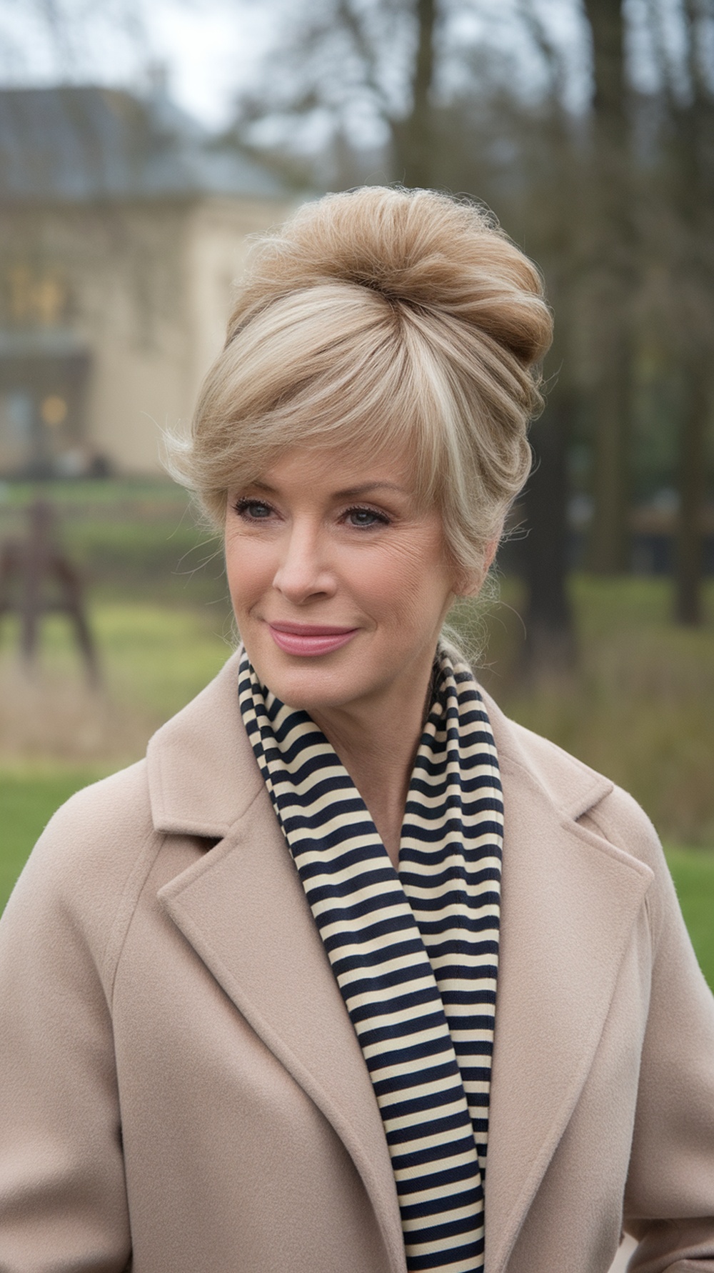A woman with an elegant bun hairstyle and short layers, wearing a stylish coat and striped scarf.