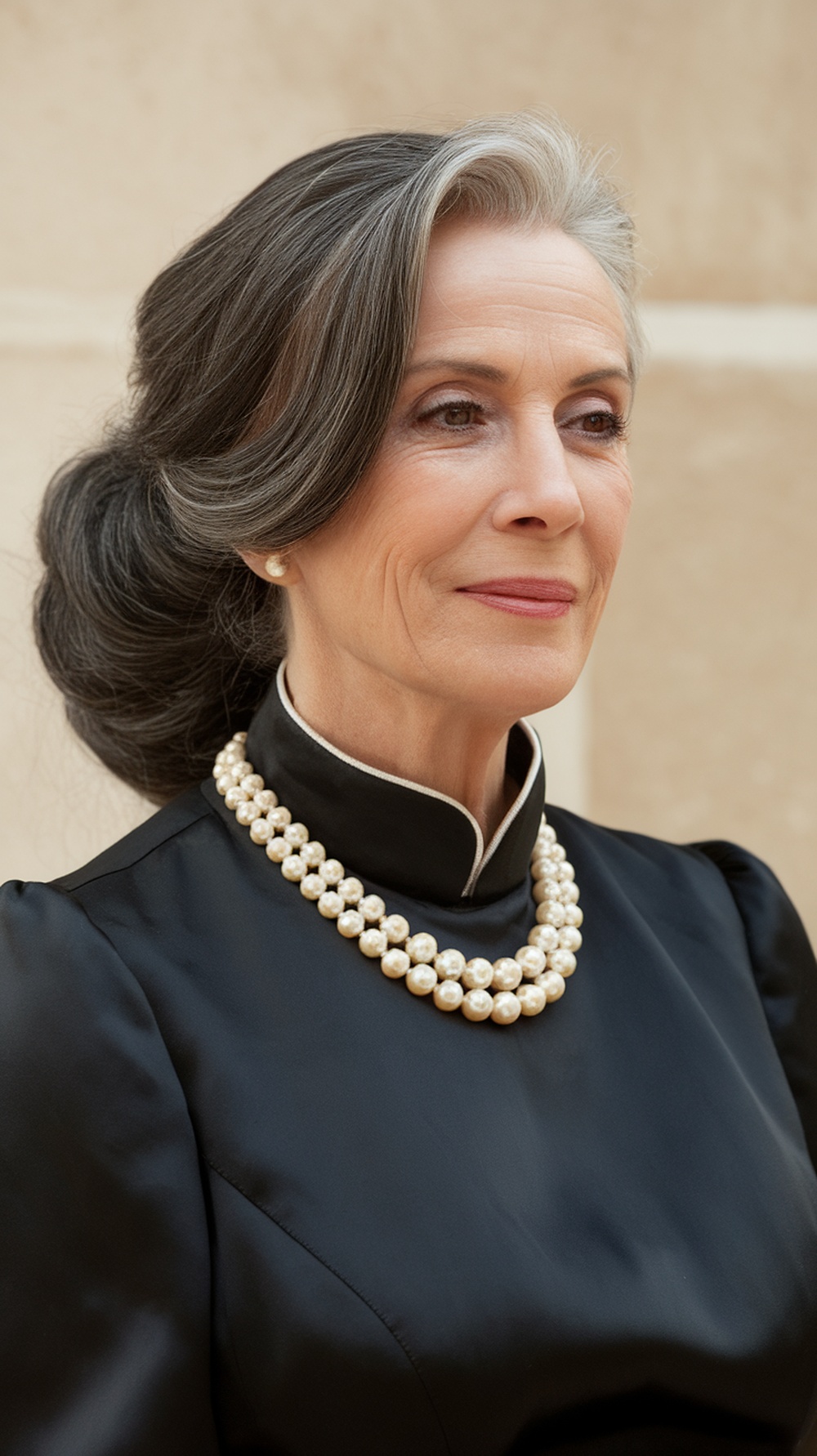 A mature woman with side-swept gray hair, wearing a black outfit and pearl necklace, showcasing a formal hairstyle.