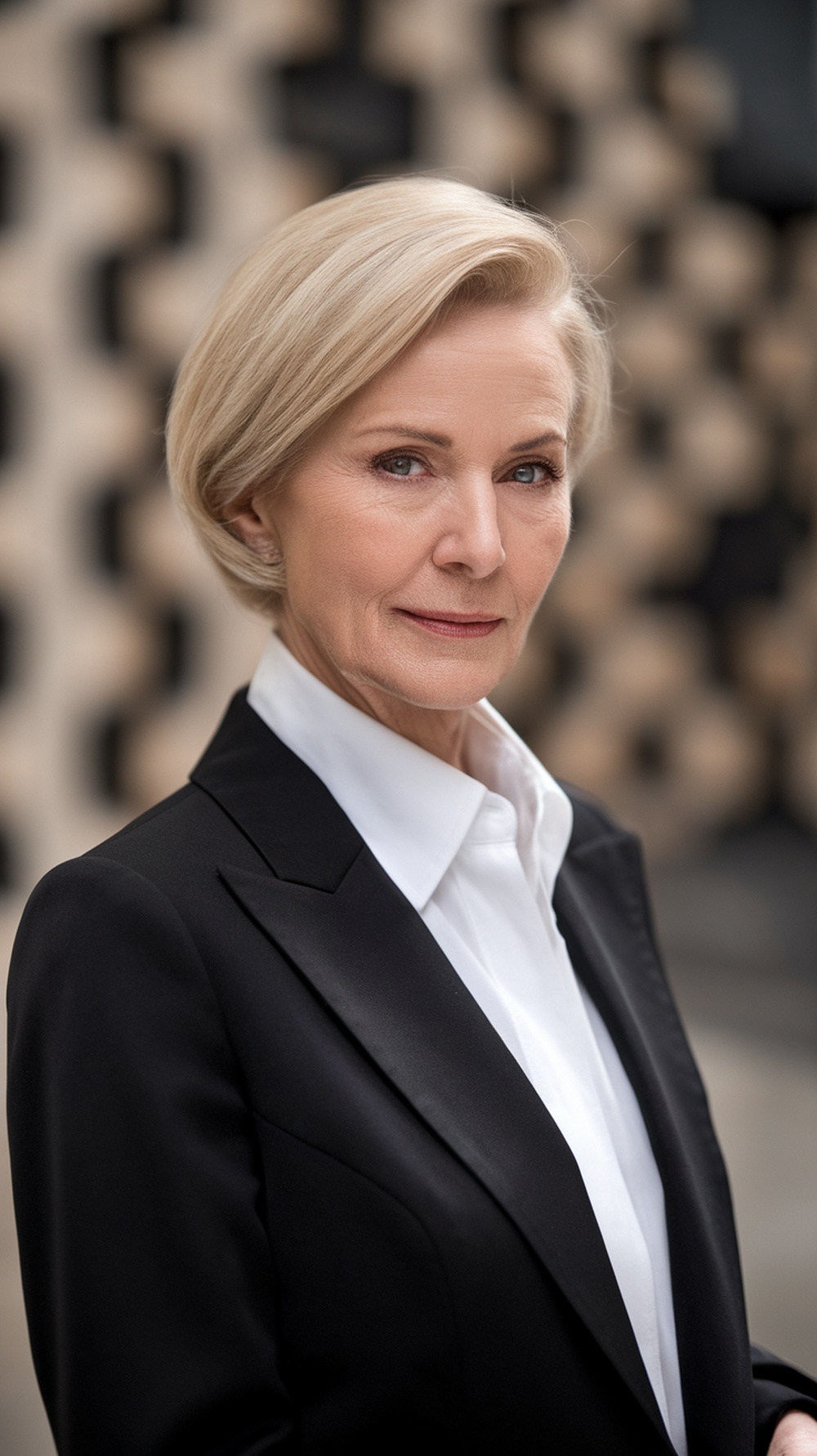 Elegant tapered haircut on a woman in a black suit with a white blouse, set against a stylish background.