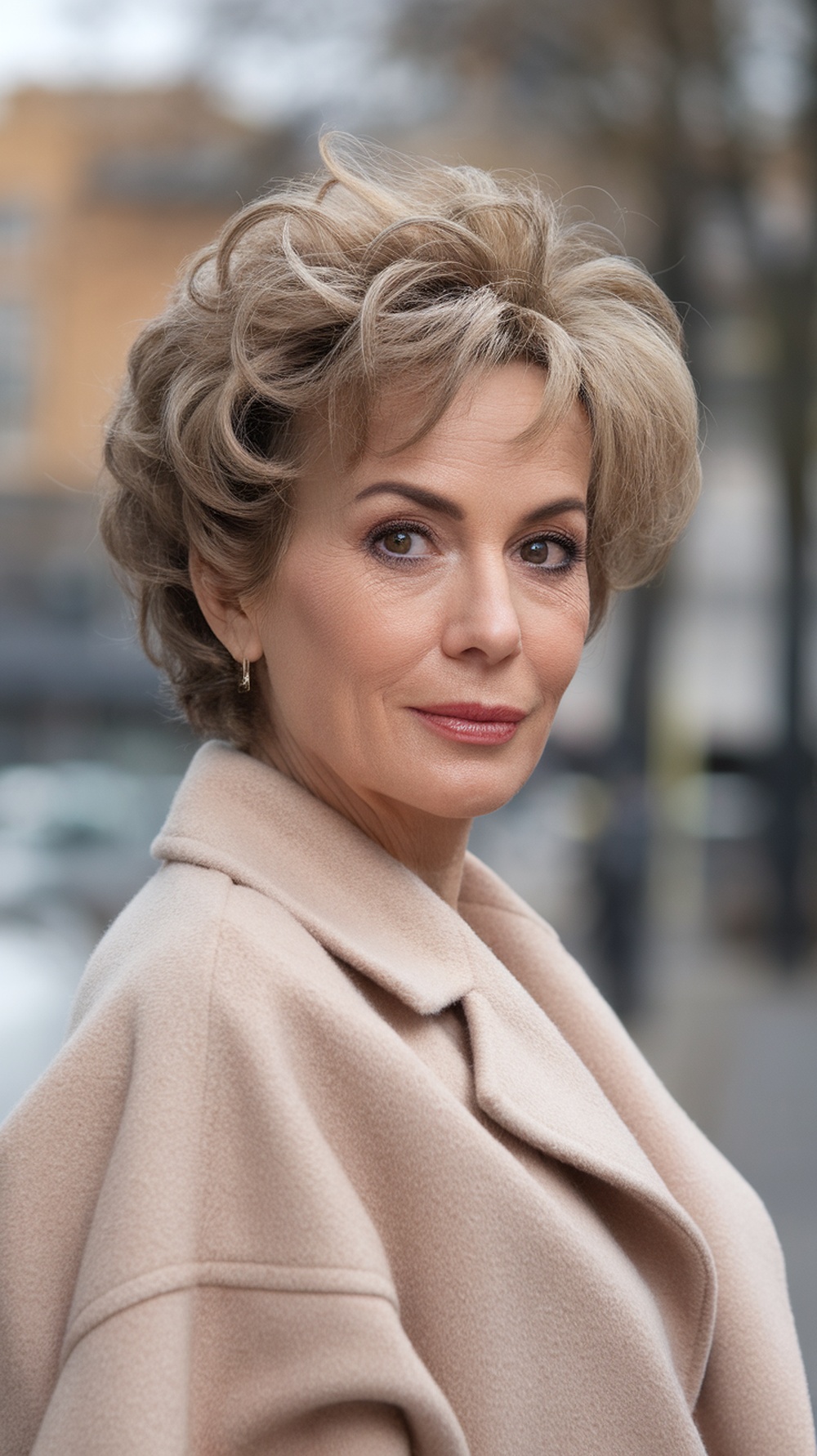 A woman with glamorous short curly hair, wearing a beige coat and looking confidently at the camera.
