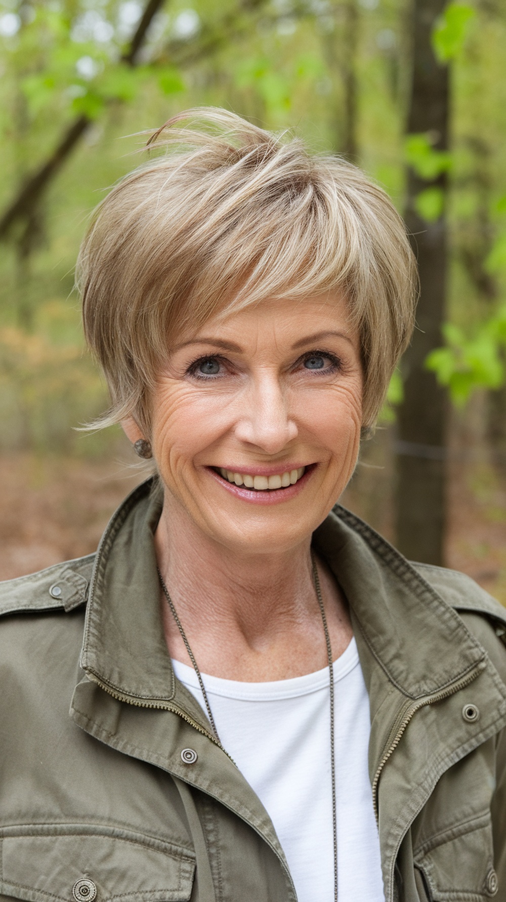 A woman with a layered pixie haircut with flipped ends, smiling outdoors.