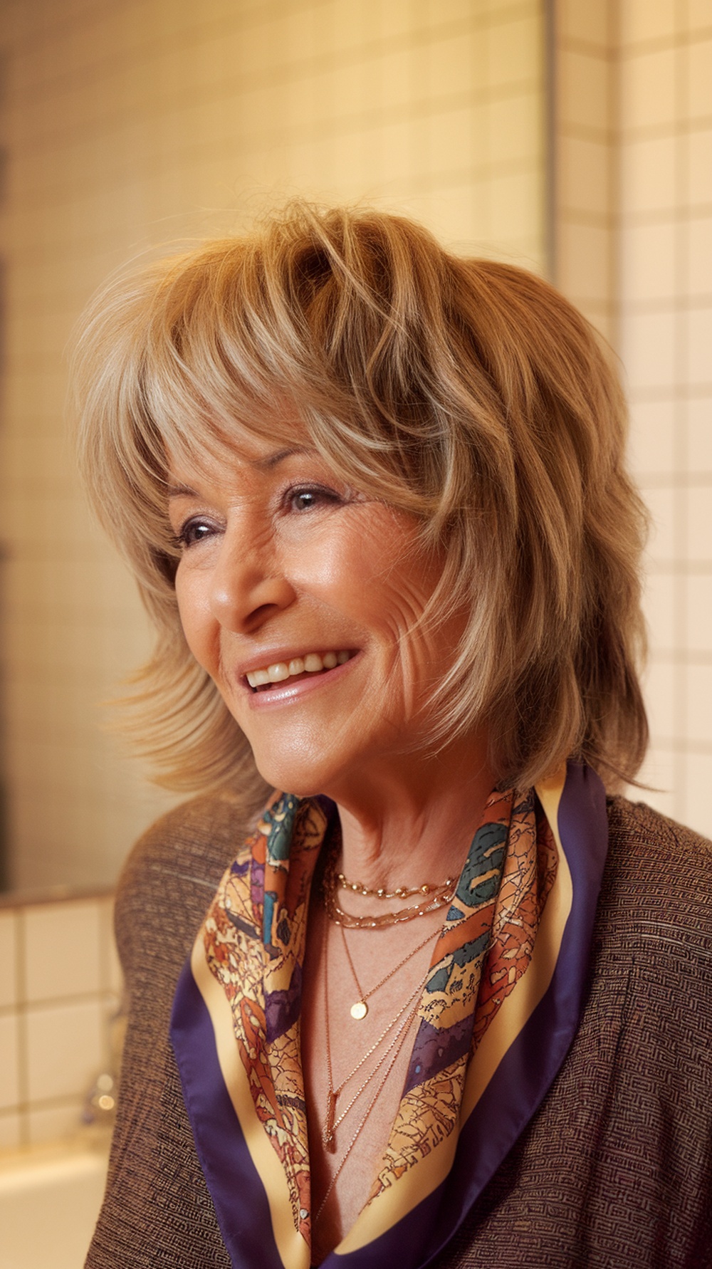 A woman with layered shag cut hairstyle, smiling and wearing a colorful scarf.