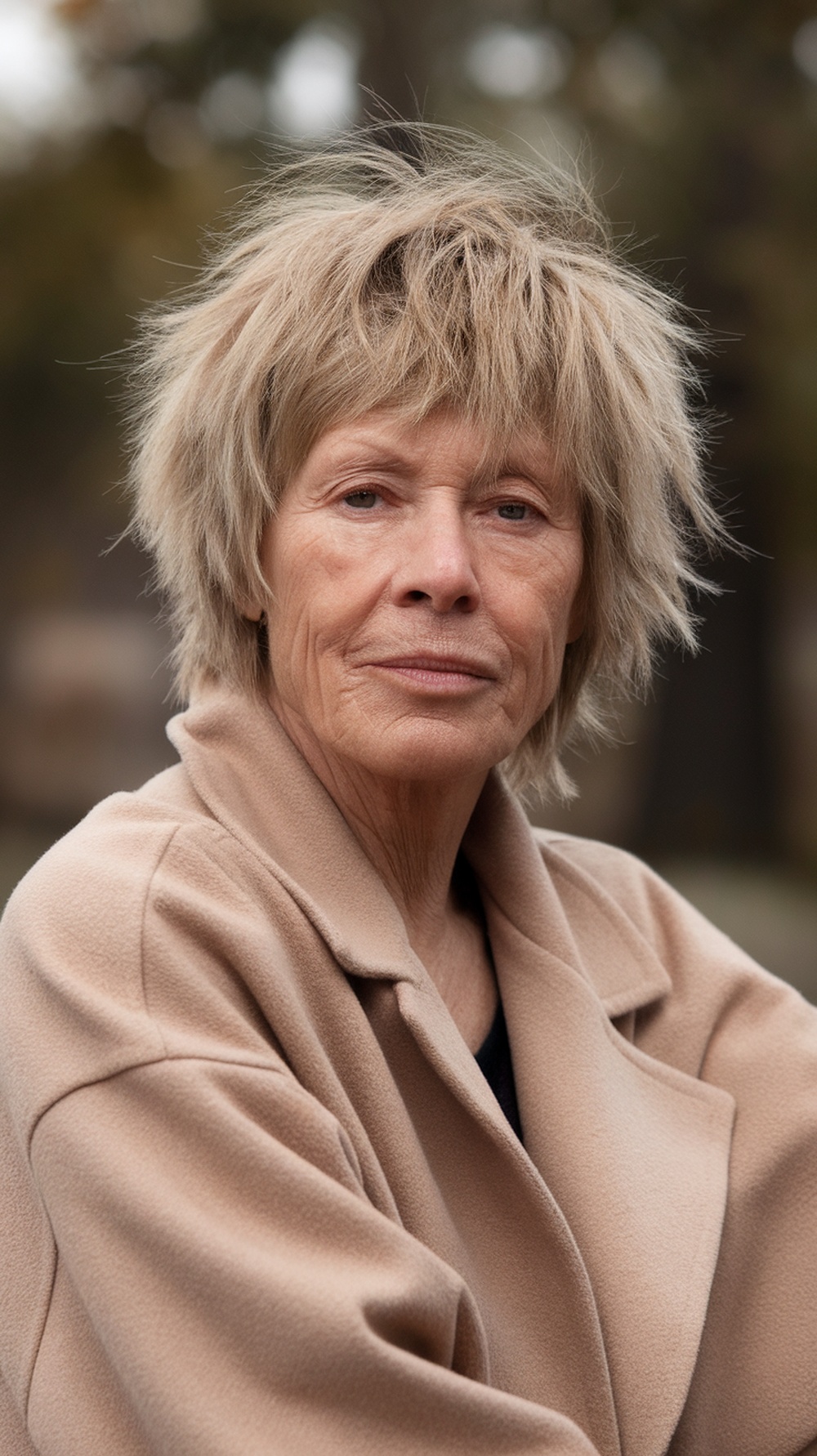 A mature woman with a messy textured crop hairstyle, wearing a beige coat