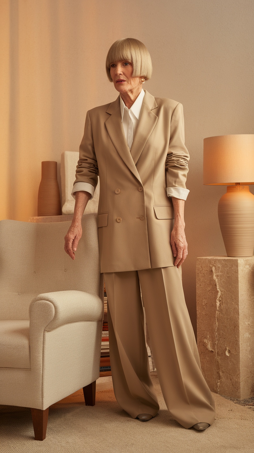 A stylish older woman with a modern bowl cut, wearing a tailored beige outfit, standing in a chic indoor setting.