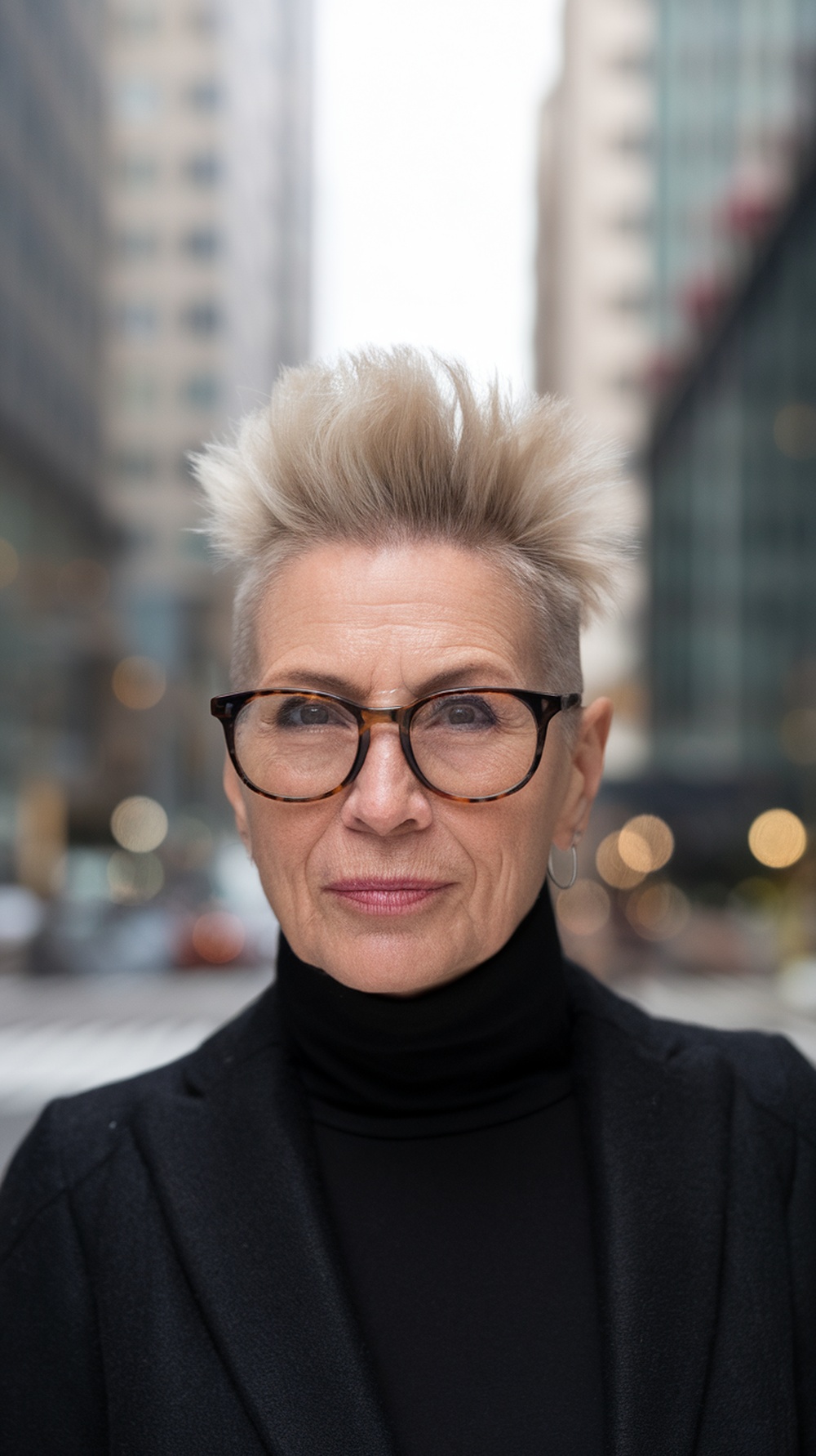 A woman over 50 with a modern faux hawk hairstyle, wearing glasses and a black turtleneck, standing in an urban setting.