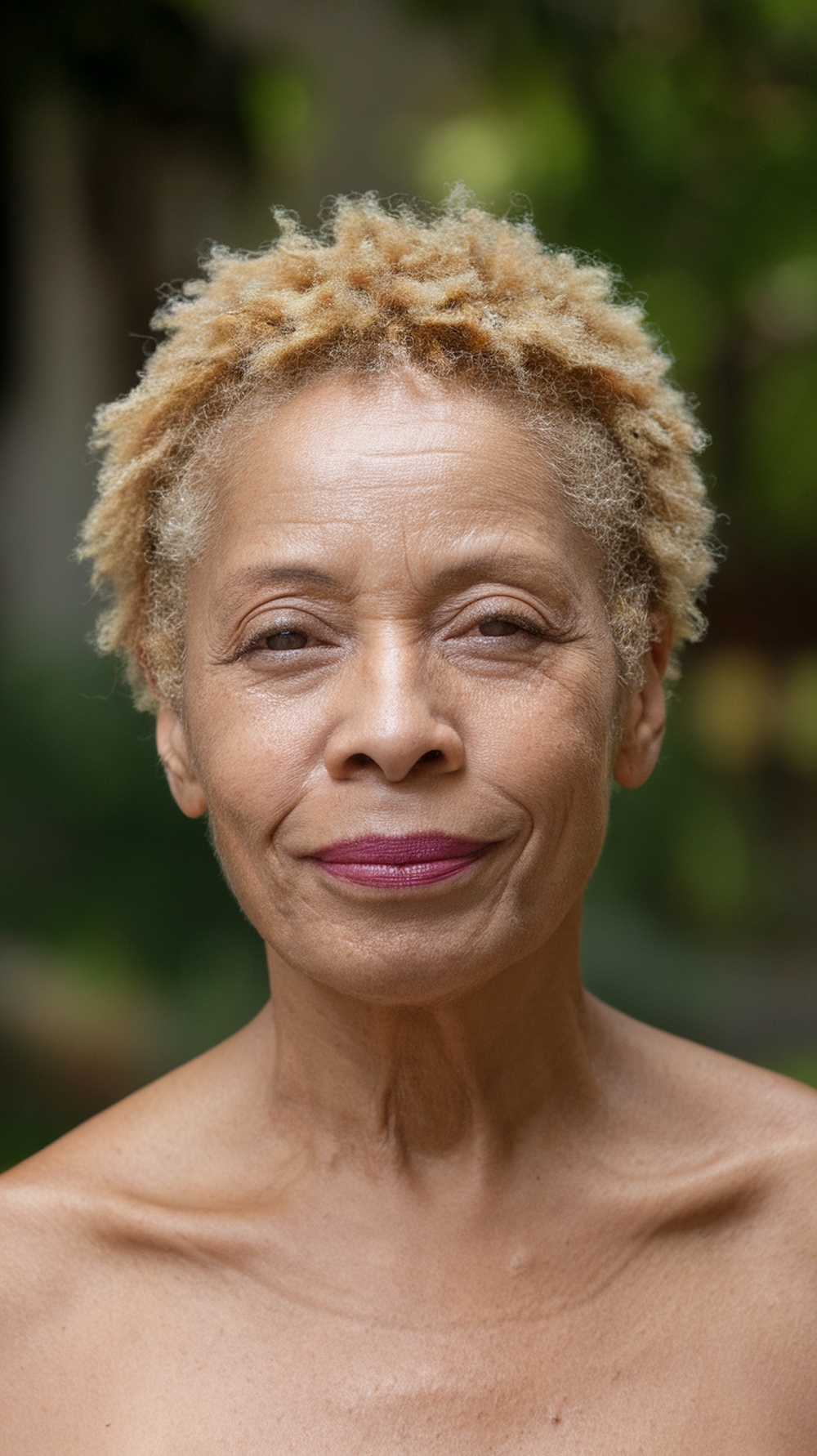 A woman with natural textured short hair, showcasing a fresh and lively look.