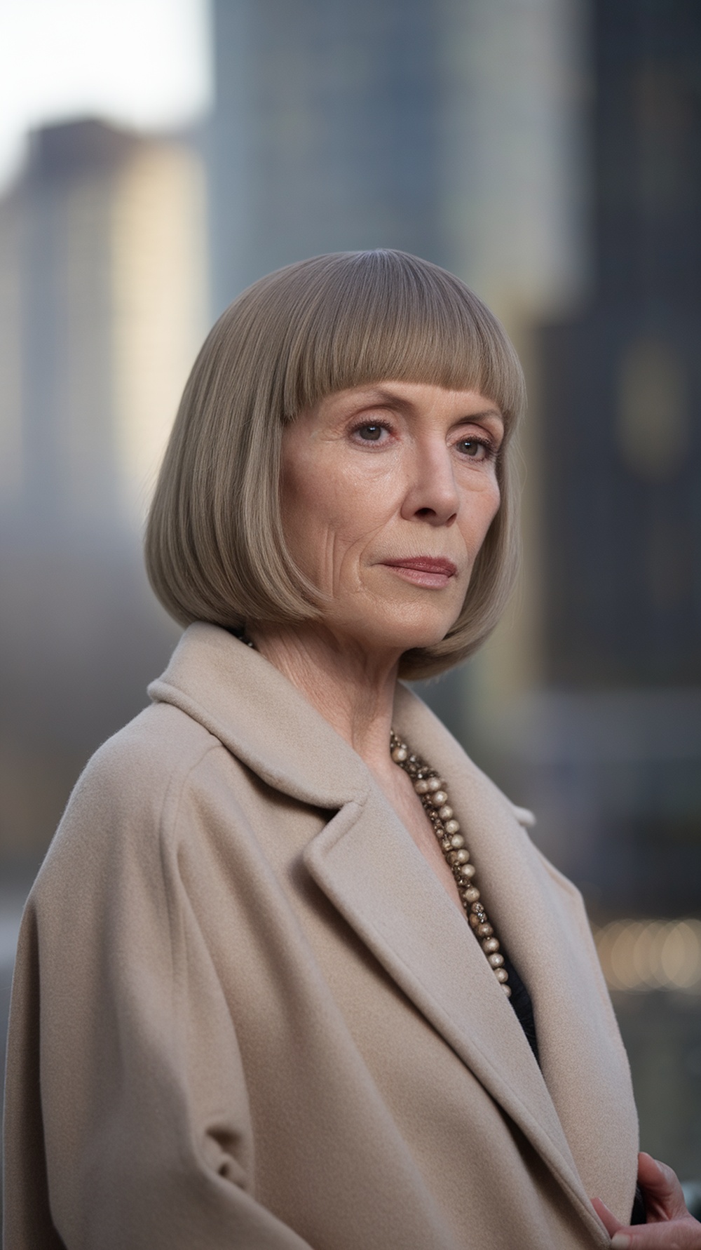 An elegant woman with a shiny straight bob haircut, wearing a beige coat and pearl necklace.