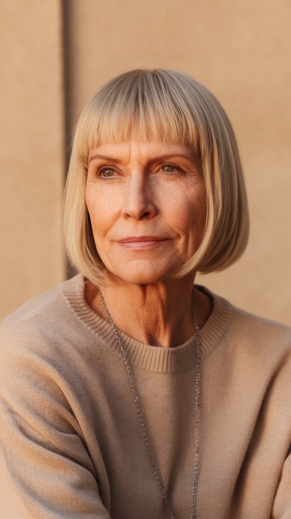 A woman with a blunt cut hairstyle, looking stylish and confident.