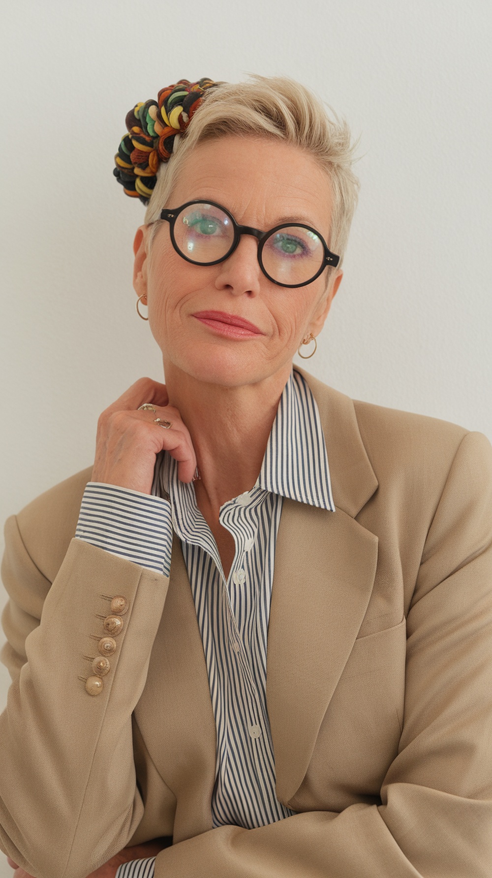 A woman with a short hairstyle, wearing a bold hair accessory and a stylish outfit.