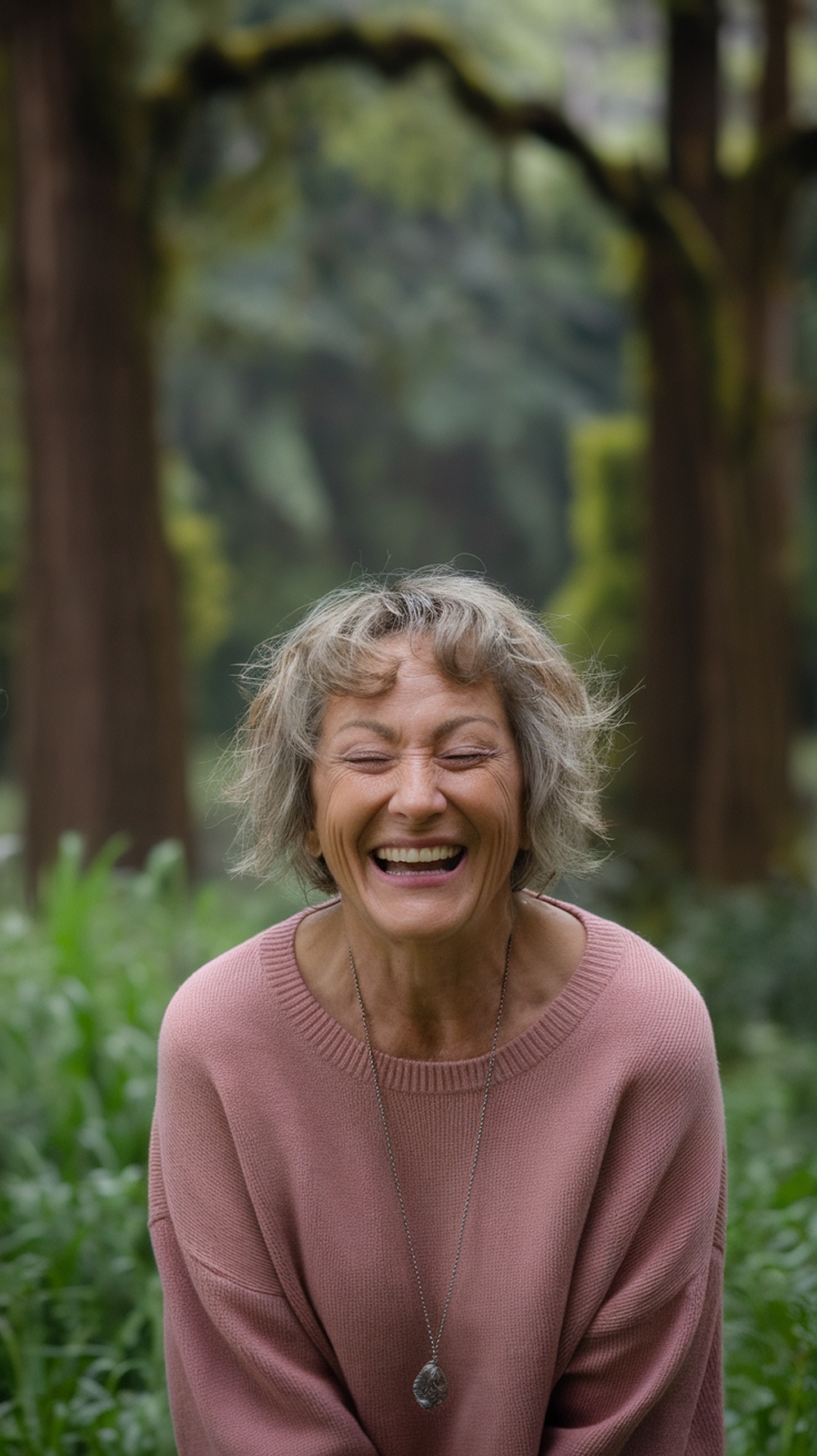 A woman with short curly hair and bangs, smiling in a green outdoor setting.