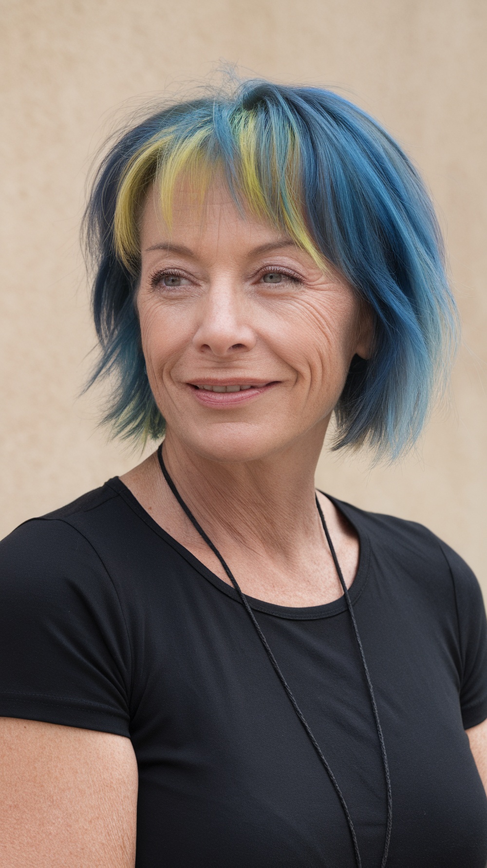 A woman with a stylish short bob haircut featuring blue and green artistic color techniques.