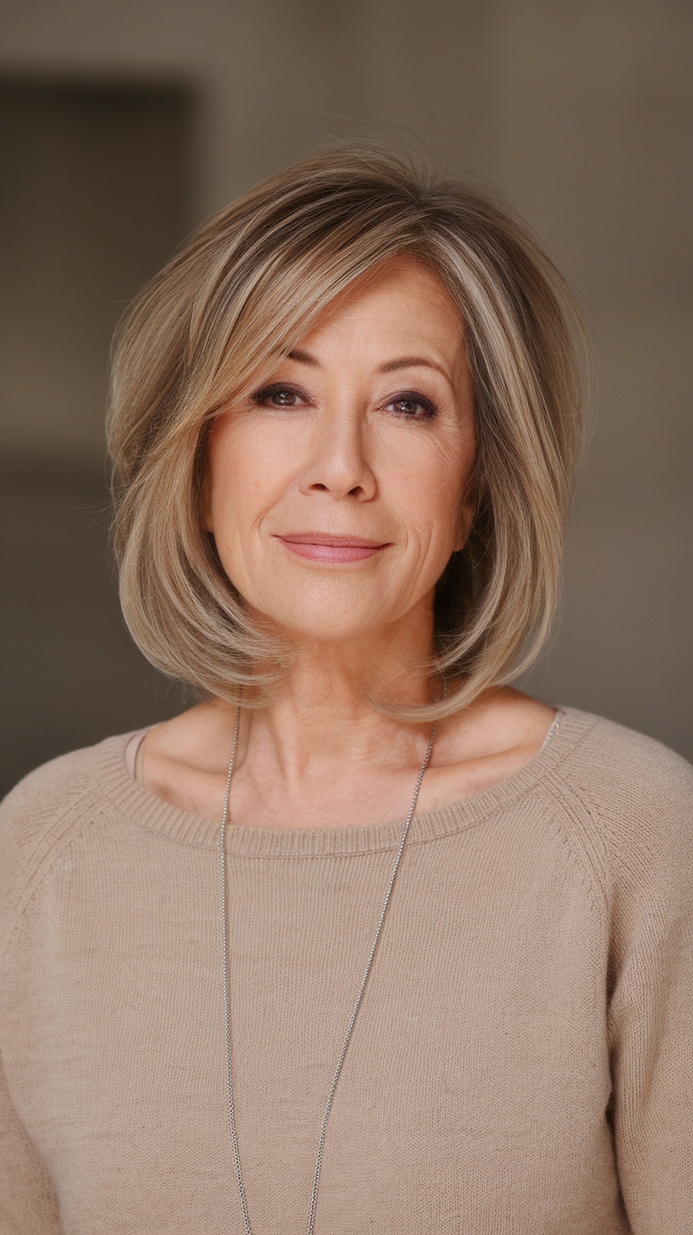 A woman with short hair styled in face-framing layers, wearing a beige sweater and smiling.