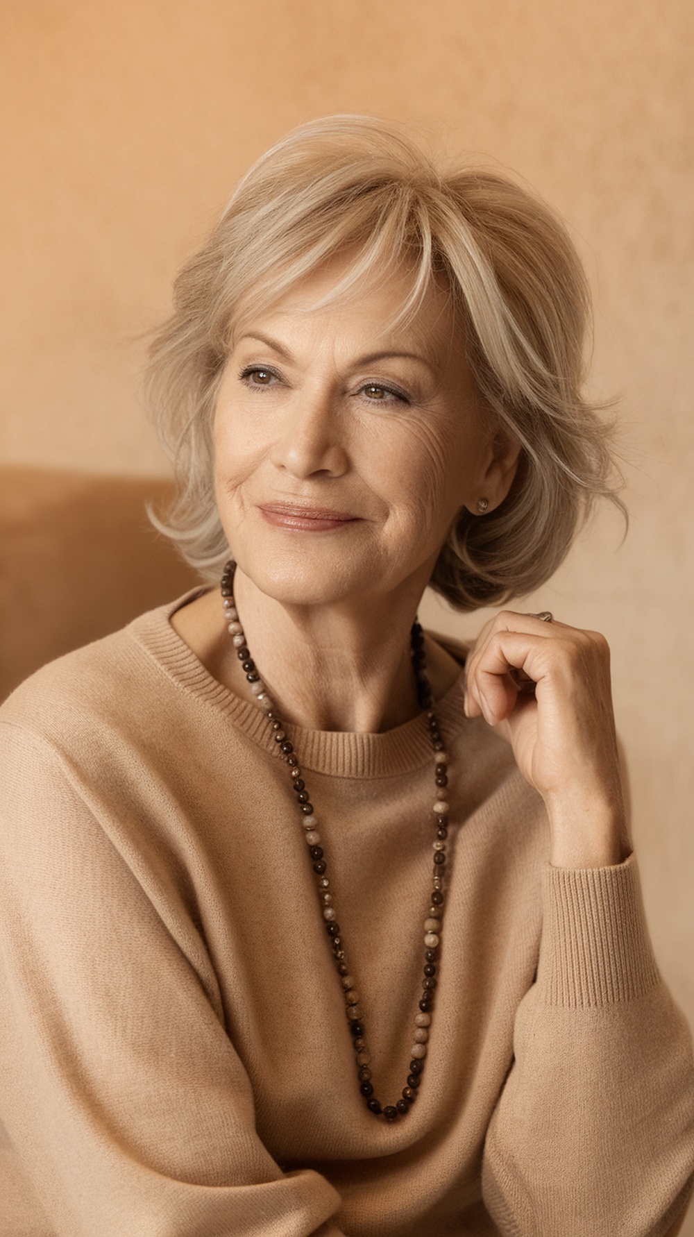 A woman with short hair and soft wispy bangs, wearing a cozy beige sweater and a necklace, looking thoughtfully to the side.