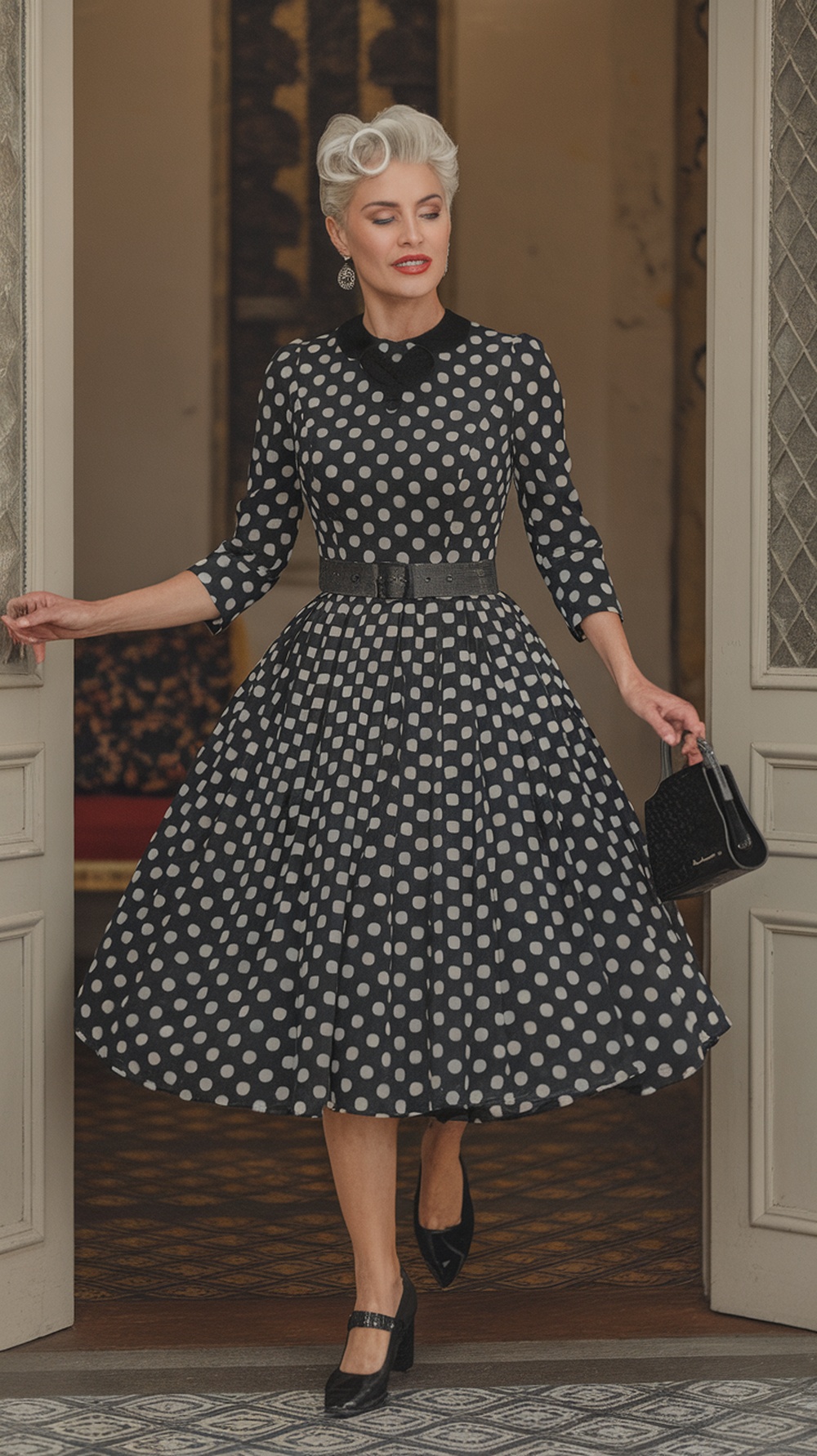 A stylish woman with short curly hair wearing a polka dot dress and holding a handbag.