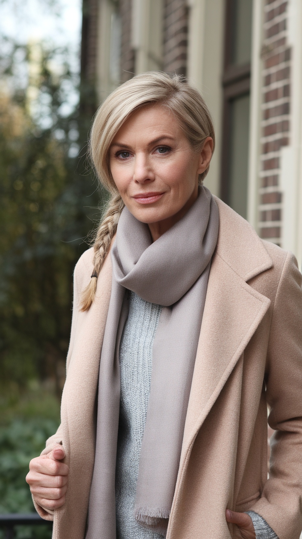A woman with short hair and a stylish side braid, dressed in a coat and scarf.