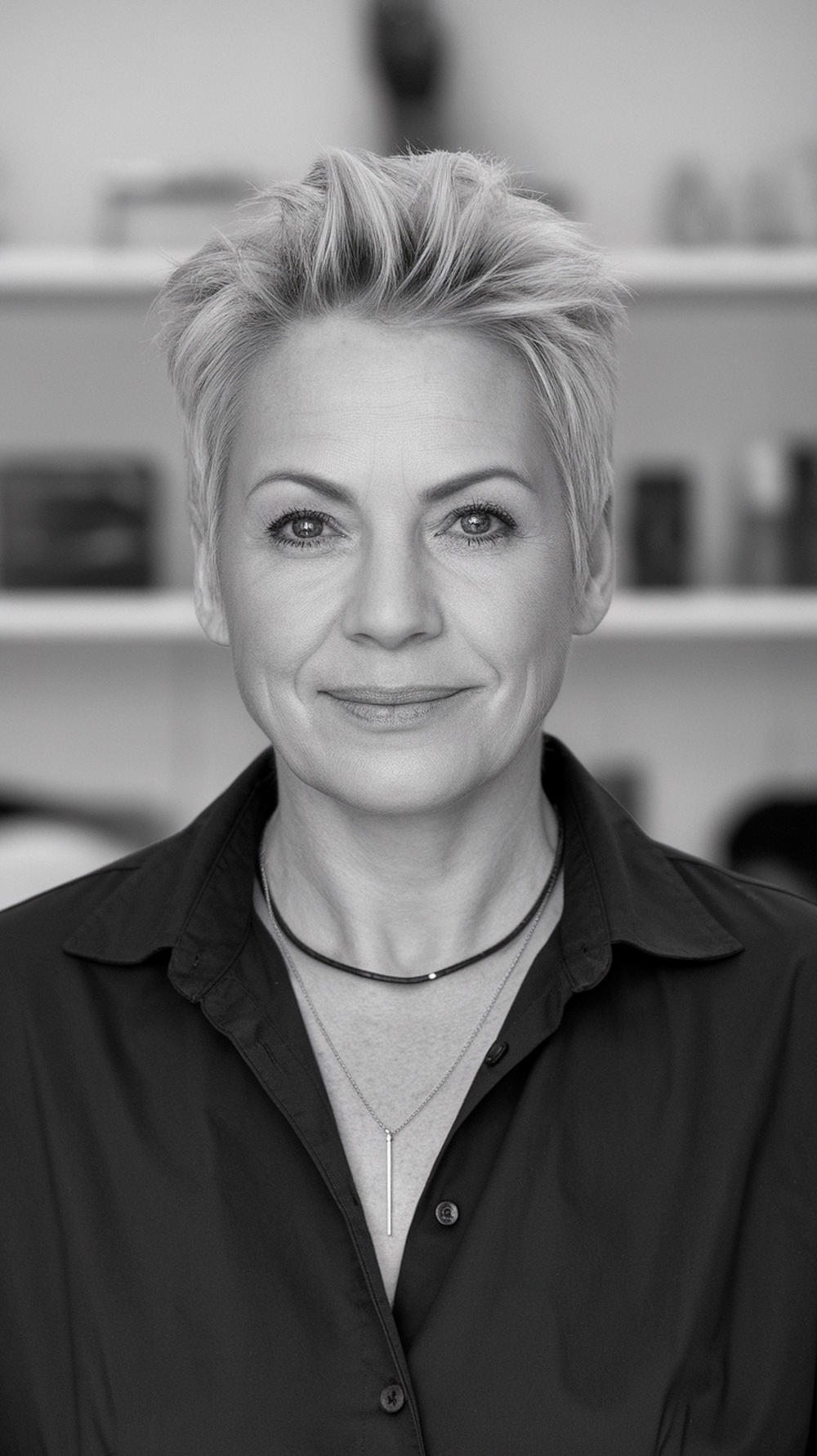 A stylish woman with short hair featuring a subtle undercut, wearing a black shirt and layered necklaces.