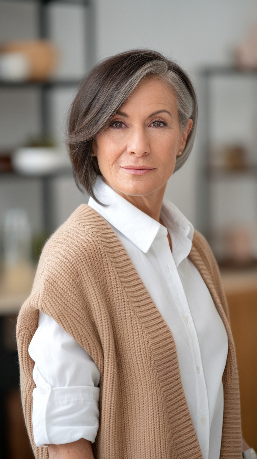 A woman with short side-swept hair, wearing a beige vest over a white shirt, looking confidently at the camera.