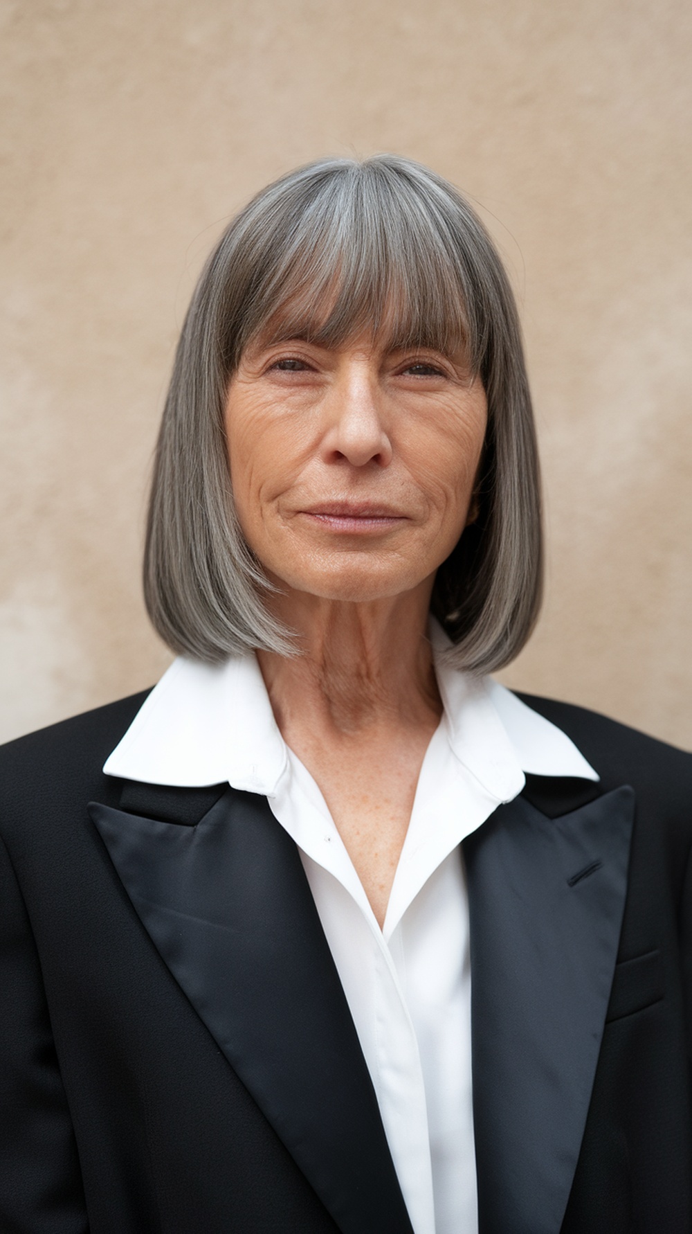 A woman with sleek straight gray hair and bangs, dressed in a black blazer and white shirt, looking confidently at the camera.