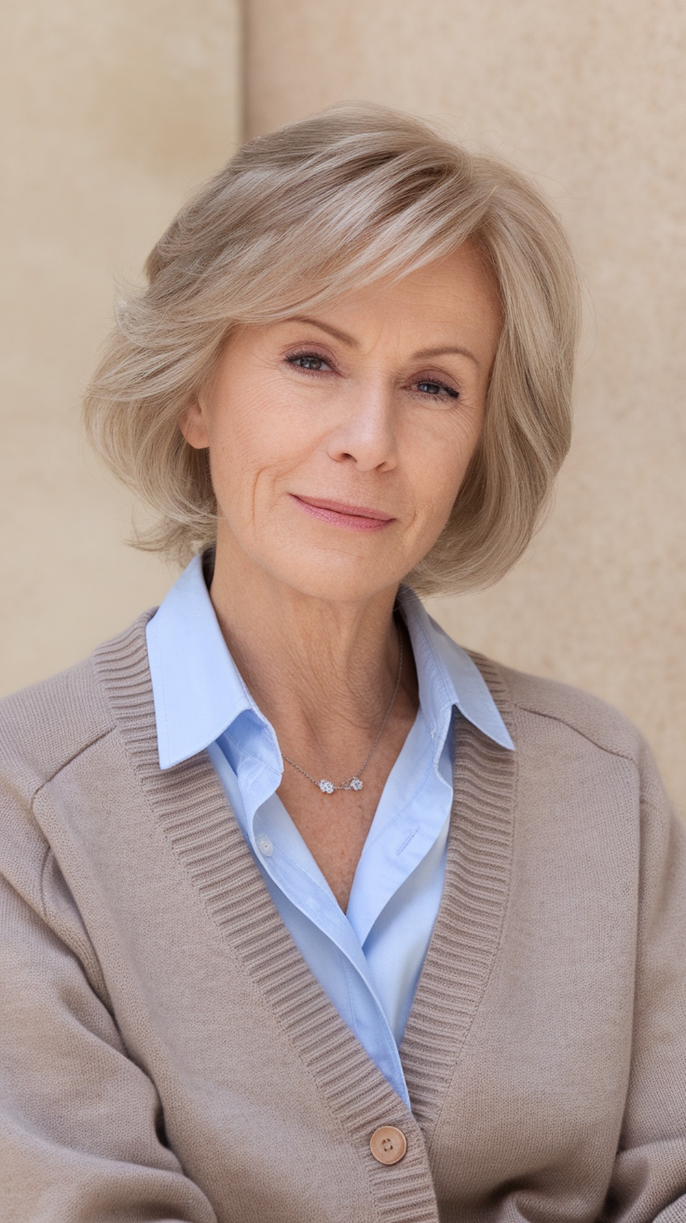 A woman with softly layered short hair, wearing a beige cardigan and light blue shirt, smiling at the camera