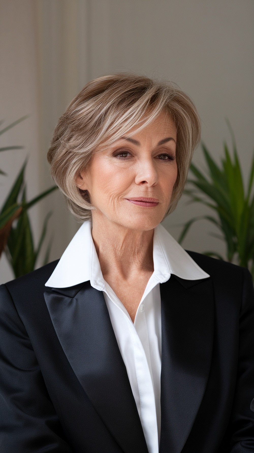 A woman with short hair styled elegantly, wearing a black jacket and white shirt, showcasing sophisticated highlights.