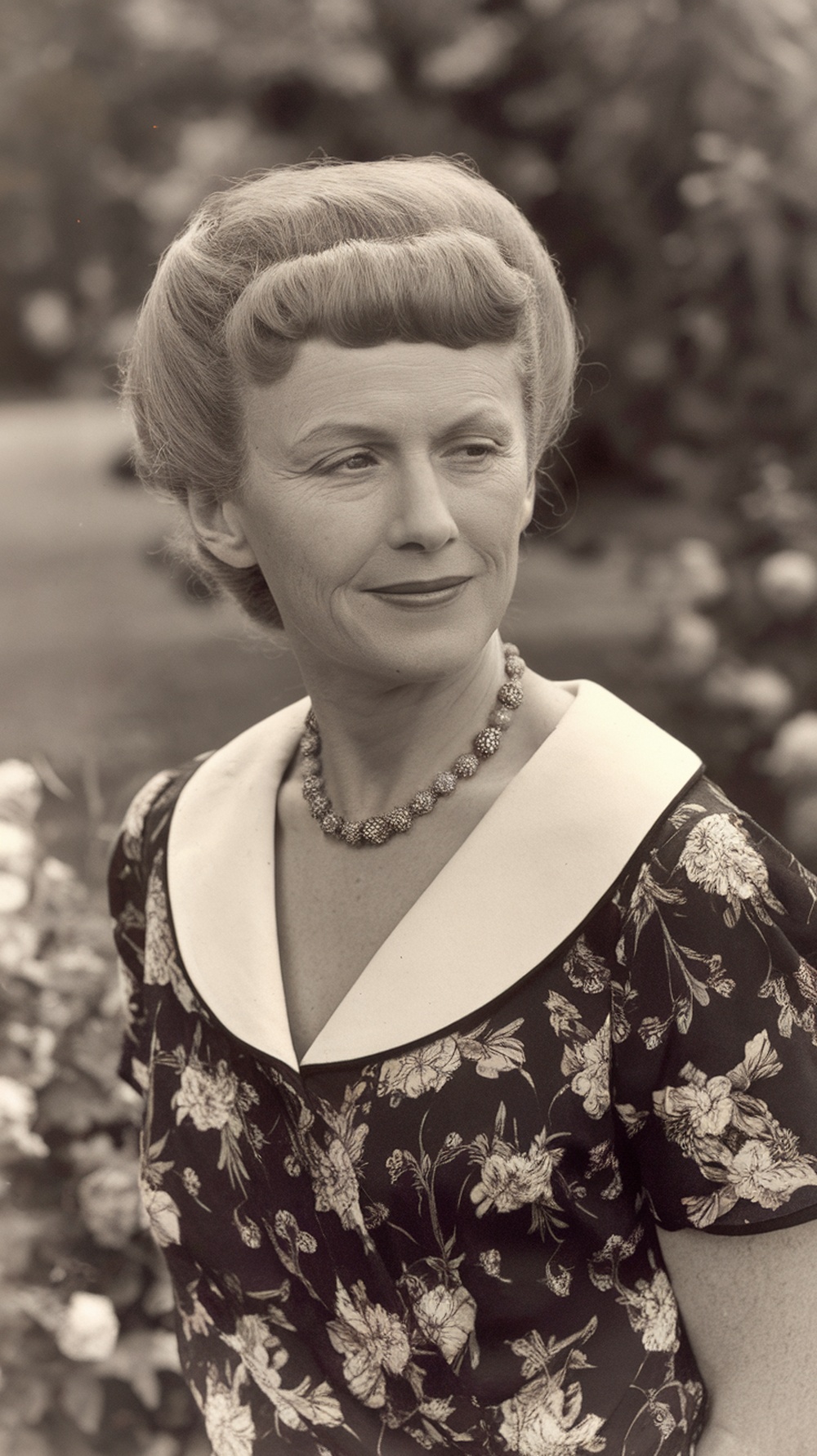 A sophisticated woman with vintage-inspired pageboy haircut, wearing a floral dress.