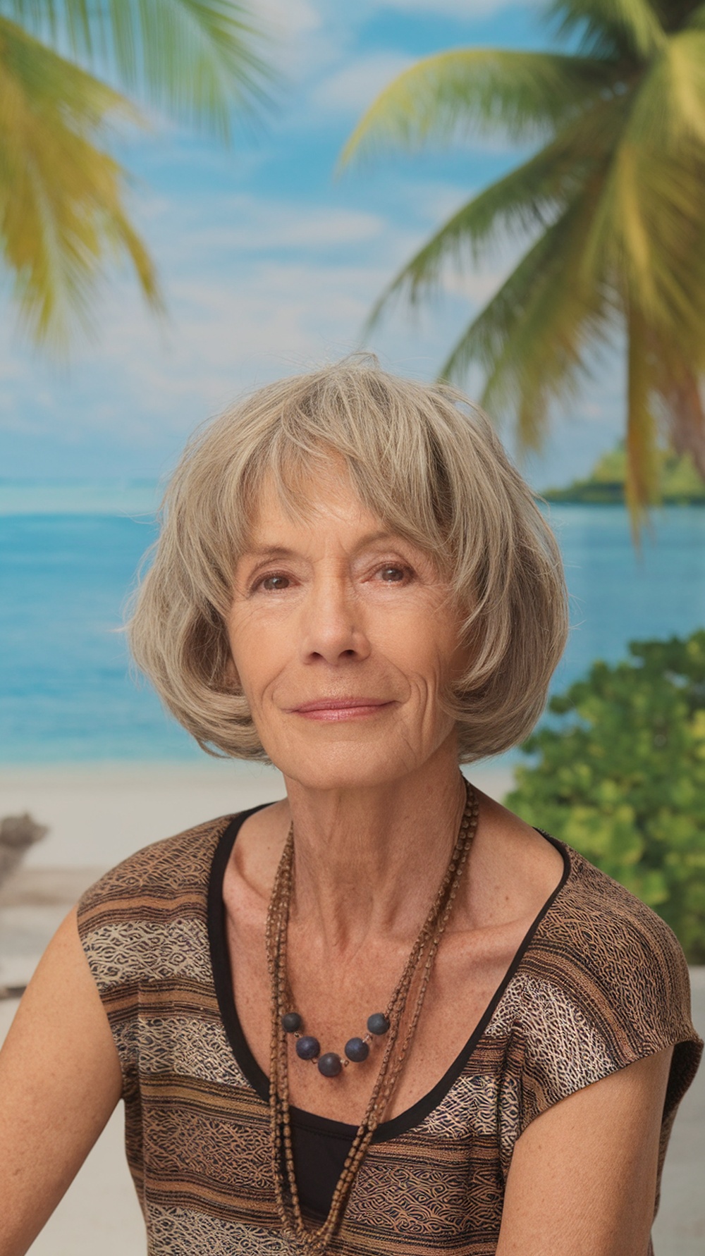 A woman with a textured bob haircut, styled with soft waves, smiling by a beach backdrop.