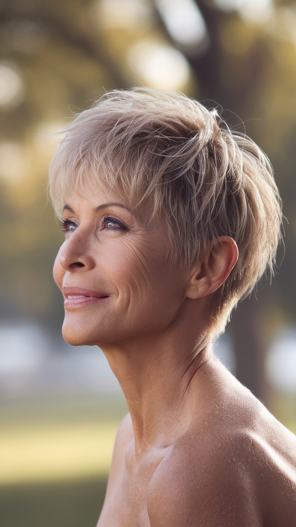 A woman with a textured pixie cut, smiling and looking upwards, showcasing volume in her hairstyle.