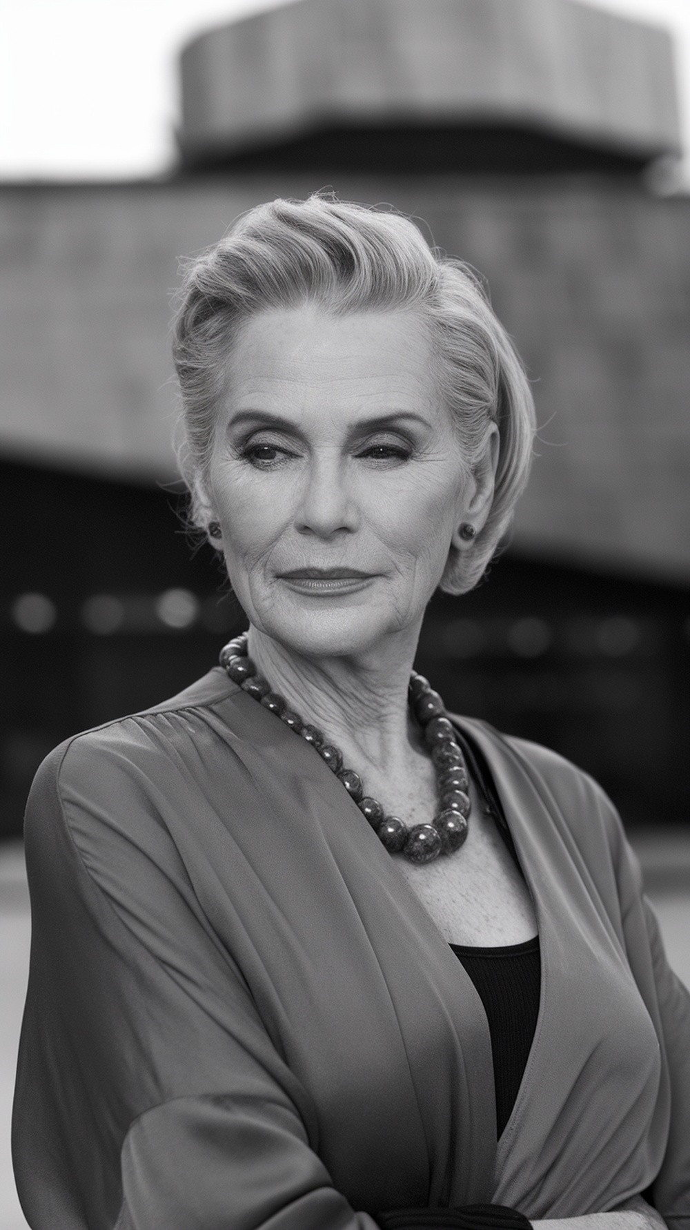 A stylish older woman with short wavy hair and elegant features, wearing a chic outfit and jewelry.