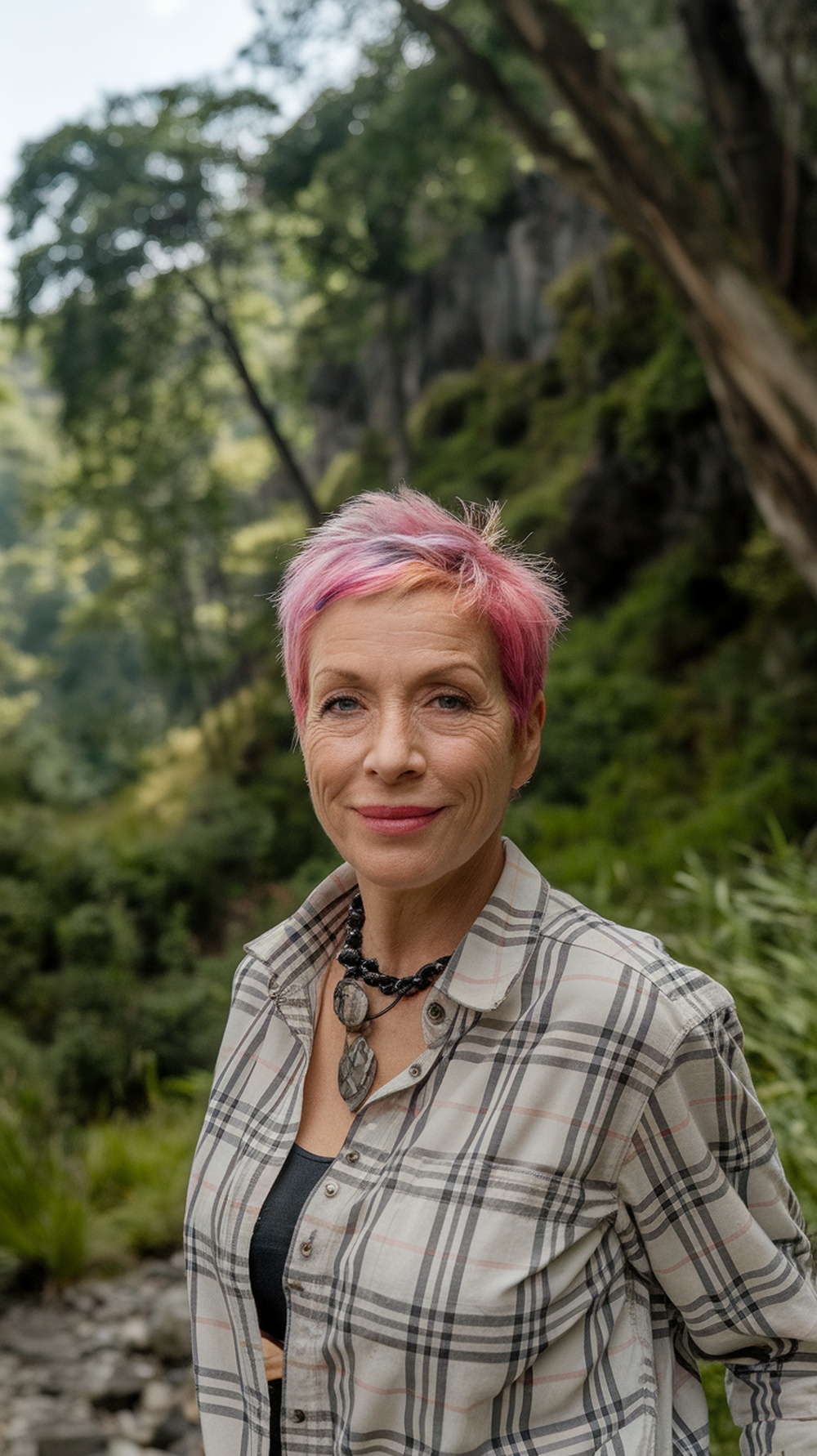 A woman with a vibrant short pink hairstyle, smiling in a natural setting.