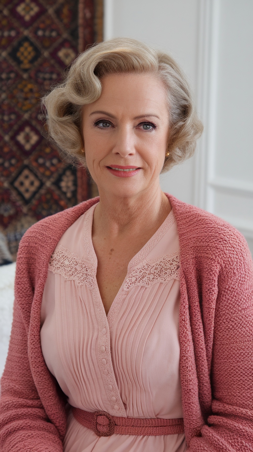 A woman with vintage-inspired short waves, wearing a pink dress and a cardigan, showcasing a timeless hairstyle.